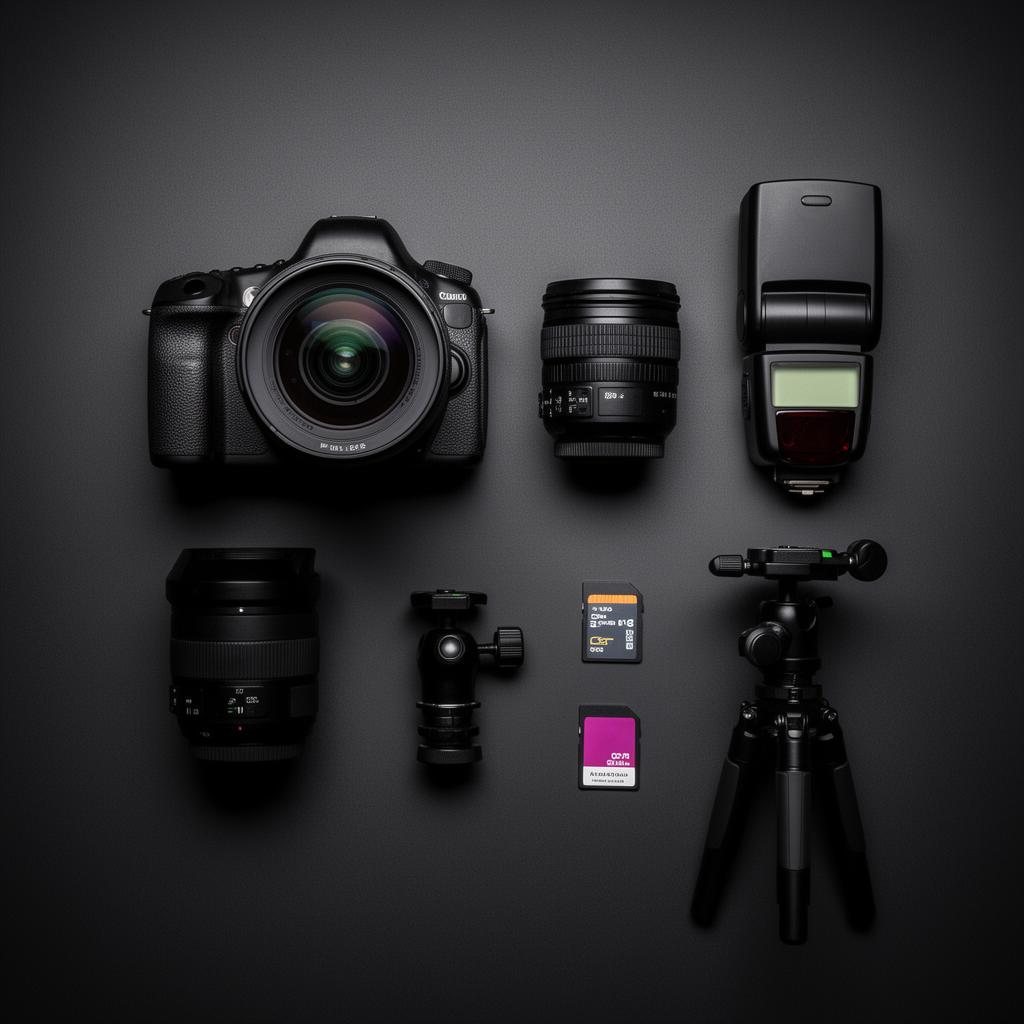 Professional DSLR camera alongside spread of printed listing photos and laptop showing photo gallery