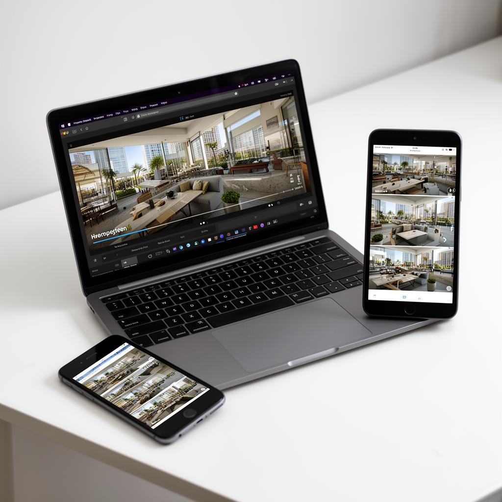 Same property displayed on monitor, tablet, and smartphone in different video aspect ratios for multi-platform distribution