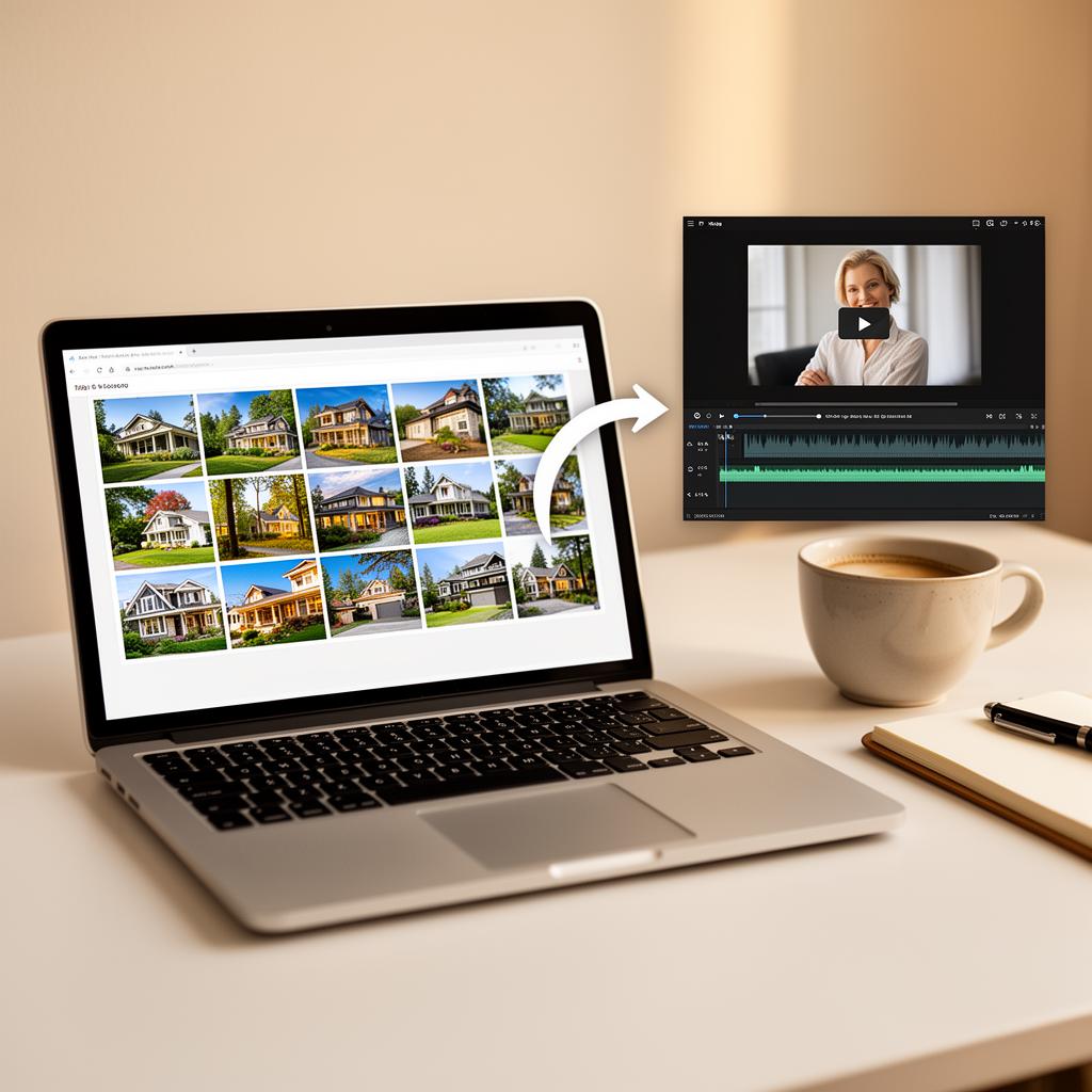 Computer screen showing before and after of listing photos converted to video