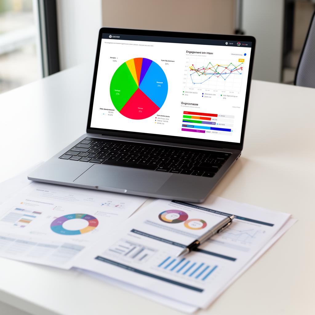 Social media analytics workspace with multiple screens showing engagement metrics and content performance