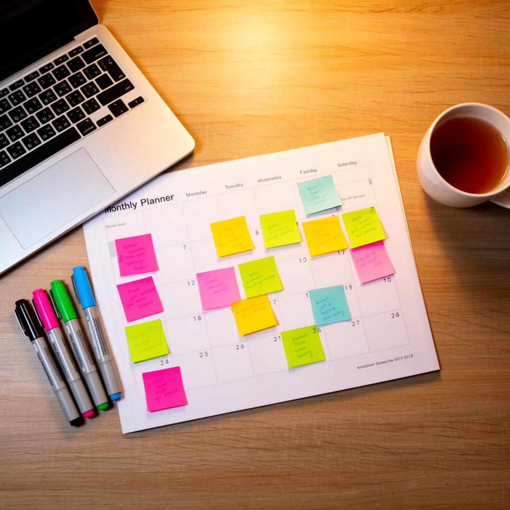 Content calendar planning setup with color-coded sticky notes and scheduling tools on a clean desk