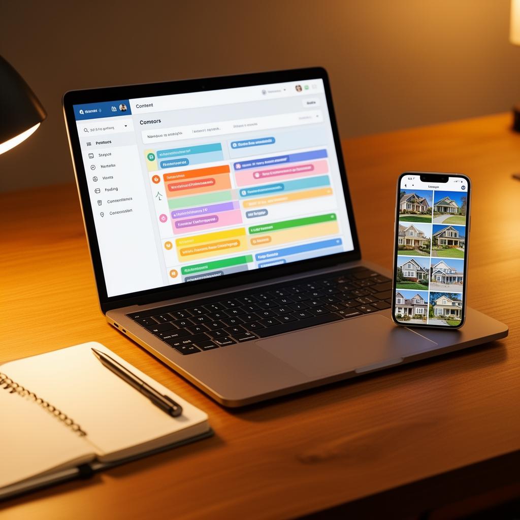 Automated content pipeline showing video creation on laptop connected to scheduling on tablet and publishing on smartphone