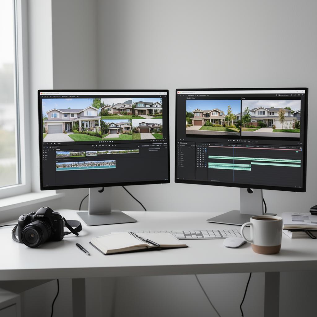 Real estate video marketing workspace with monitor showing editing timeline and smartphone displaying social content