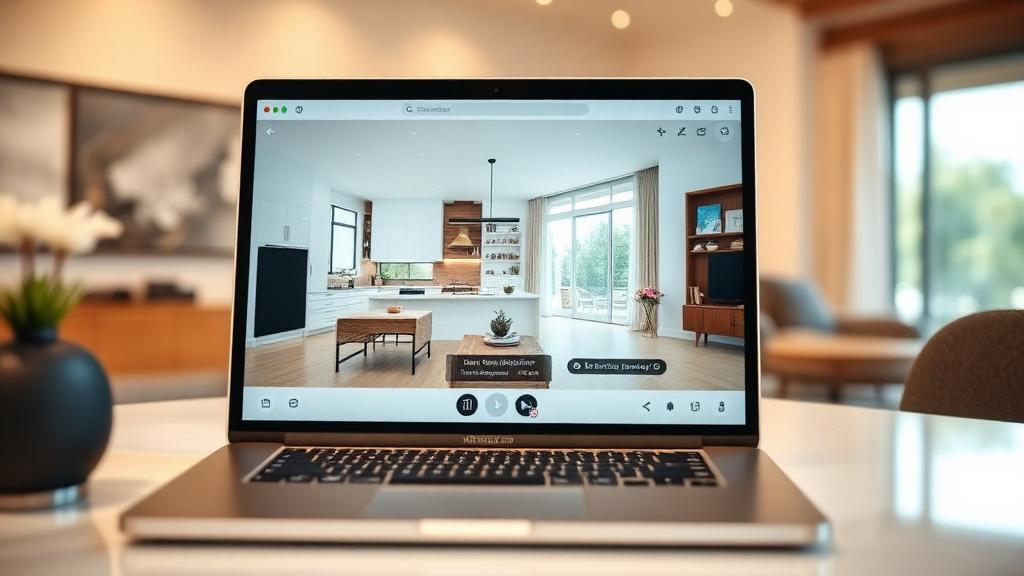 Laptop screen displaying an interactive virtual property tour of a modern home