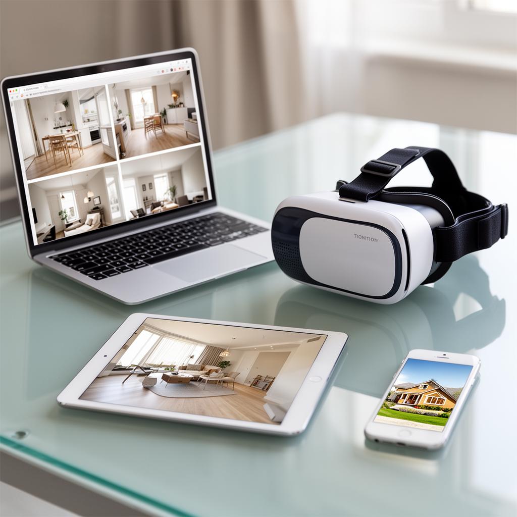 Virtual property tour displayed simultaneously on laptop, tablet, and smartphone showing responsive design