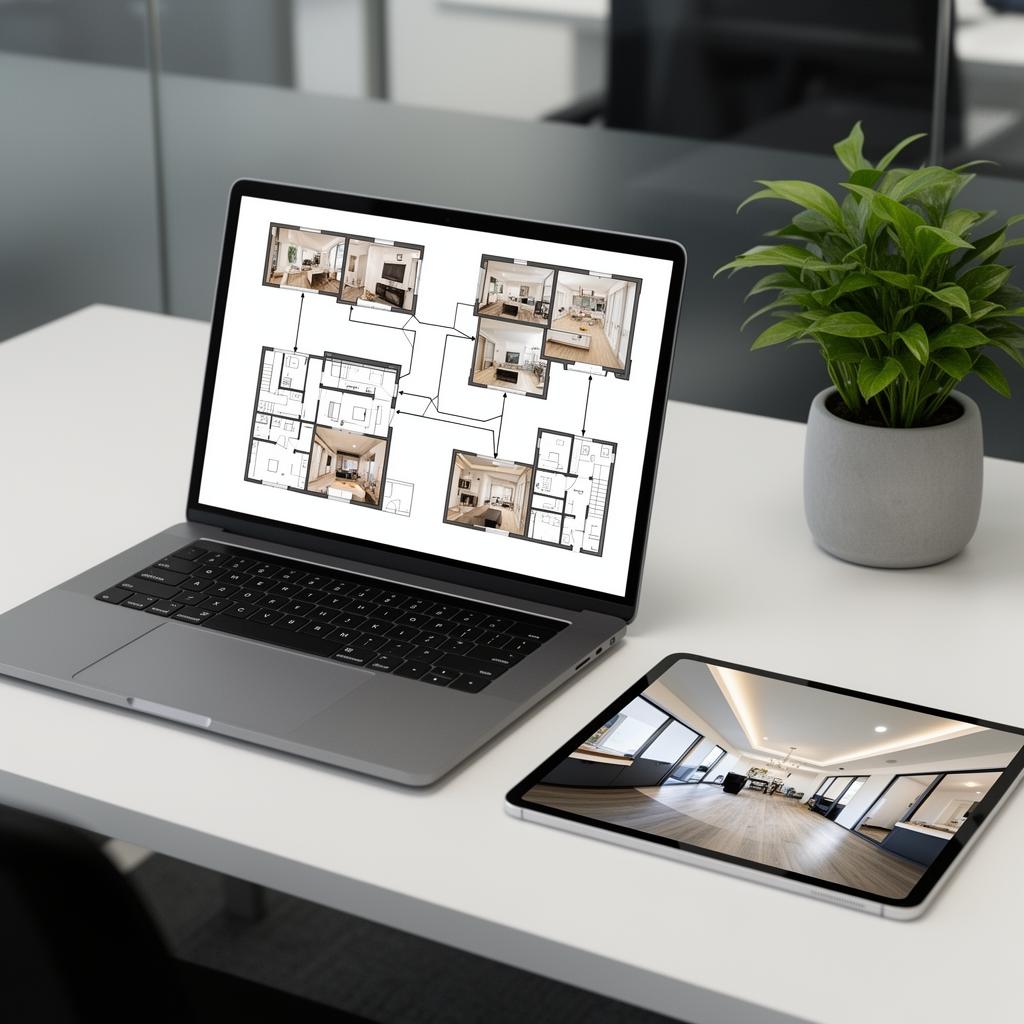Photo-to-video conversion workflow showing printed photos, laptop with editing software, and smartphone with finished tour